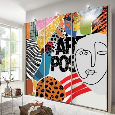 Χρωματιστά μοτίβα και πρόσωπο, Line Art, Αυτοκόλλητα ντουλάπας, 100 x 100 εκ. (45503)